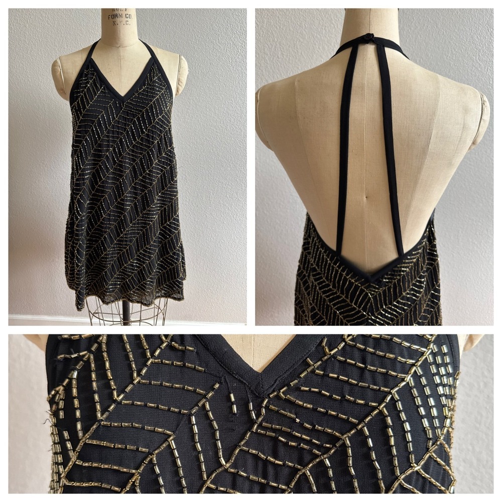 NBD Sz Small Black Gold Beaded Tank Top EUC Sexy Back Cocktail